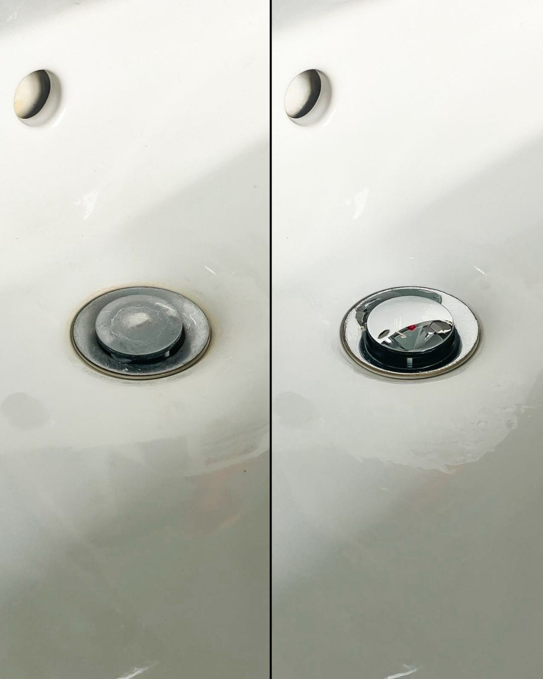 Vorher-Nachher Vergleich eines Waschbecken-Abflusses: links stark verkalkte Abflussblende, rechts strahlend sauber nach der Reinigung mit bazuba Cleaner 12.