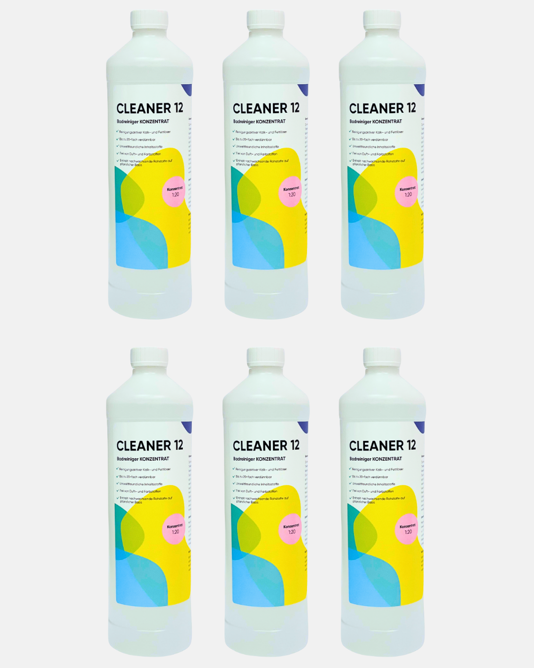 Vorteilspack mit sechs Flaschen Badreiniger-Konzentrat Cleaner 12 für Kalk & Badreinigung