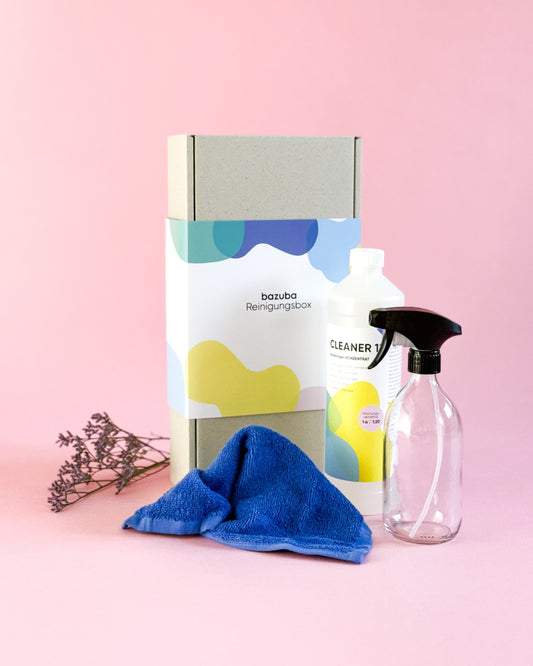 bazuba Reinigungsbox mit Cleaner 12 1L Flasche, Glas-Sprühflasche und blauem Tuch davor.